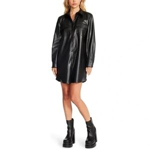 NWT Steve Madden Black XS Vegan Leather Button Down Shirtdress